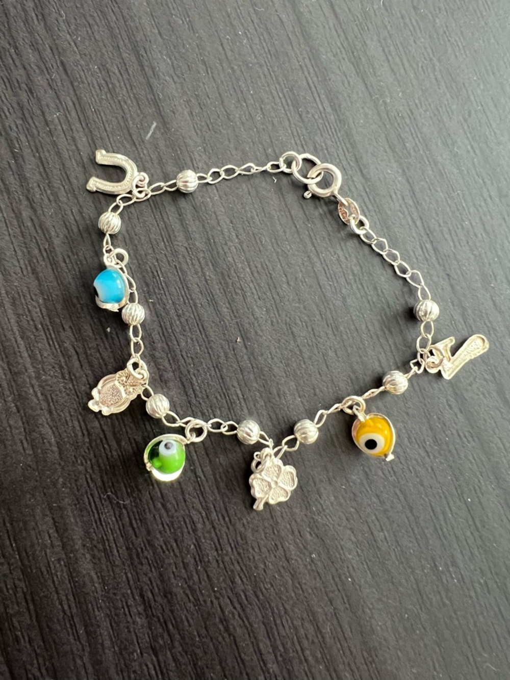 Silver 925 Charm Bracelet with Blue, Green & Yellow Glass Beads